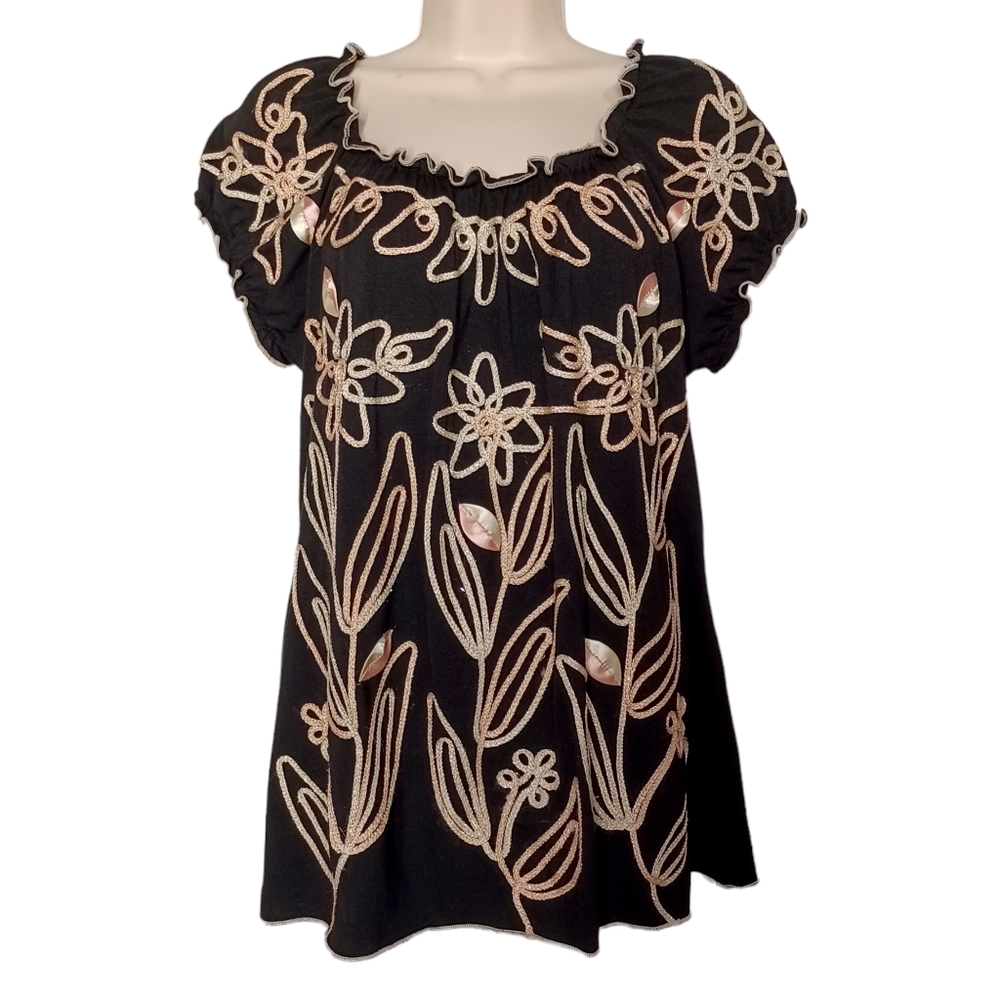 VTG LAUREN MICHELLE Pink Tan Embroidered Swirl Floral Print Black Stretch Large